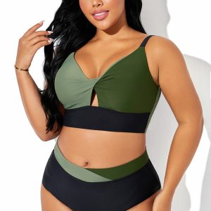 Adjustable Strap Twist Cutout Patchwork Bikini Top
