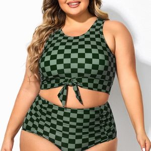 Plus Size Green Check Knotted Crop Bikini Top