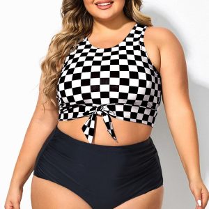 Black & White Check Knotted Crop Bikini Top