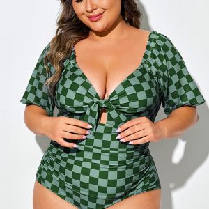 Green Check Short Sleeve One Piece Swimsuit