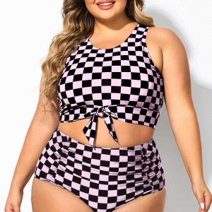 Black & Pink Check Knotted Crop Bikini Top