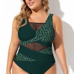 Leopard Green Sexy Cut Out Mesh One Piece Swimsuit